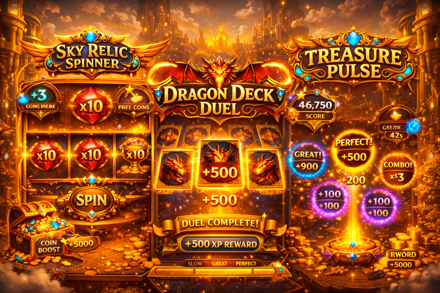 NZ Spin World game collection artwork featuring Sky Relic Spinner, Dragon Deck Duel, and Treasure Pulse